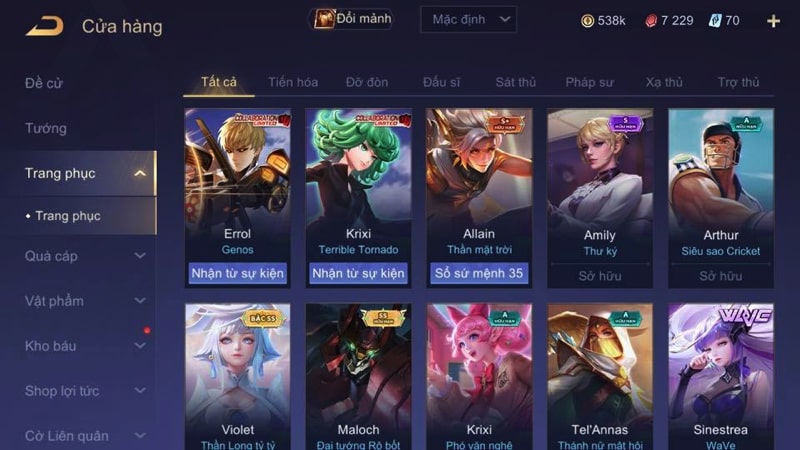 tặng nick liên quân full tướng full trang phục